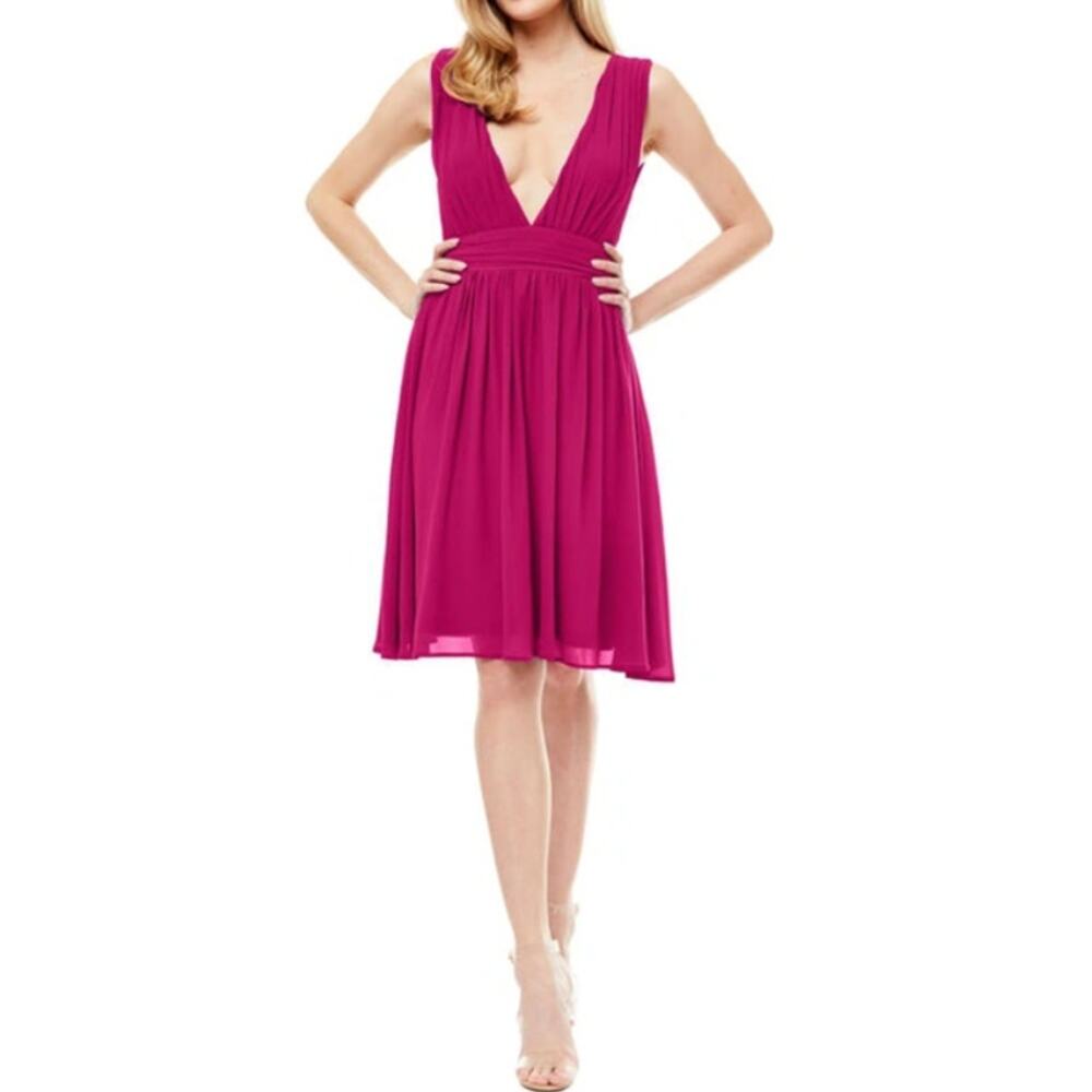 New LOVE X DESIGN Women's Pink Fit & Flare Neck Chiffon Melissa Plunge Sz L
